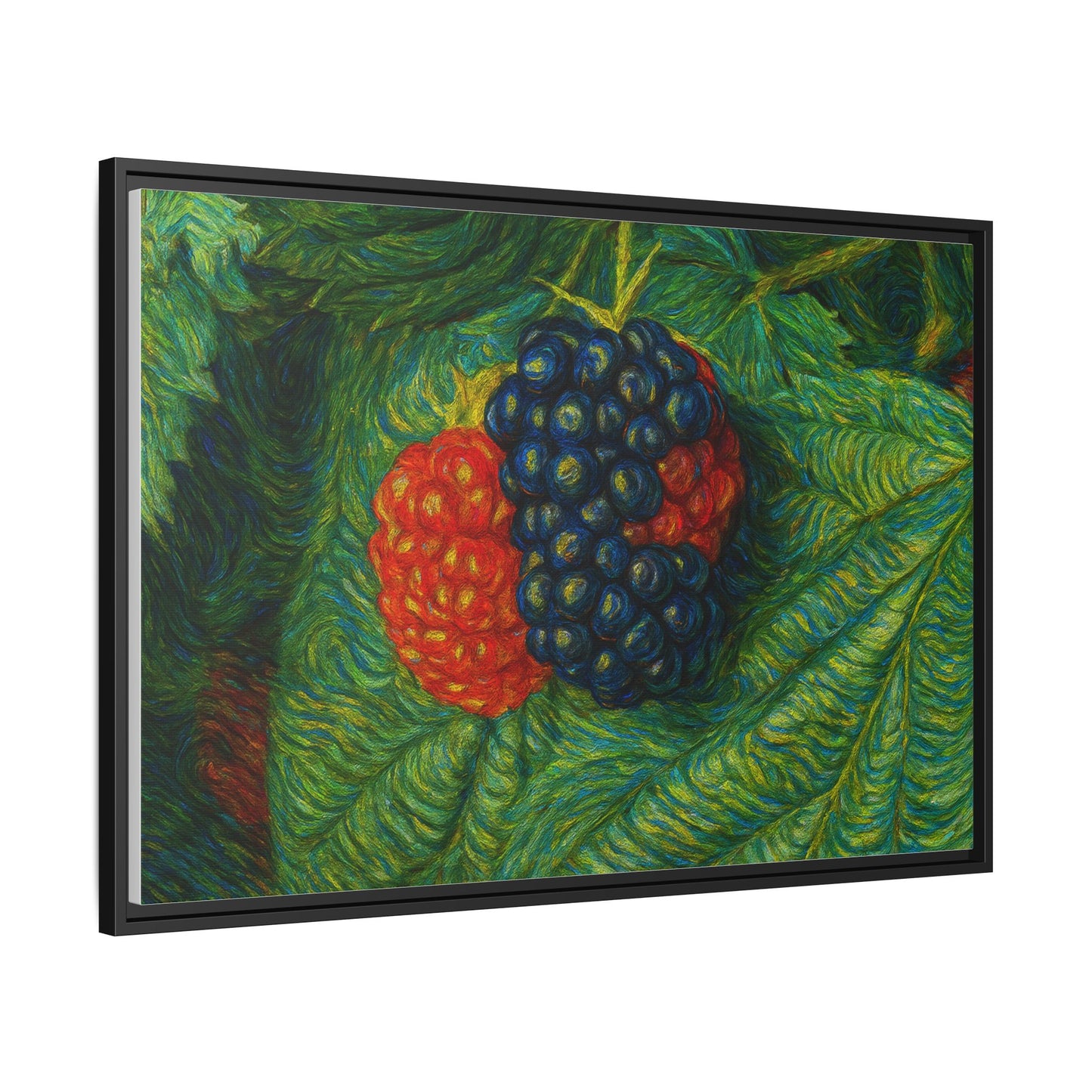 Blackberry still life canvas print by Printify, featuring a detailed framed artwork of ripe blackberries on a neutral background.