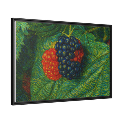 Blackberry still life canvas print by Printify, featuring a detailed framed artwork of ripe blackberries on a neutral background.