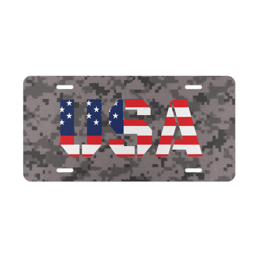 American flag military camo USA license plate, patriotic vanity plate with camouflage pattern and bold lettering, accessory for vehicles