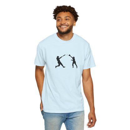 Black baseball silhouette graphic T-shirt for men, featuring minimal baseball player design on casual cotton tee.