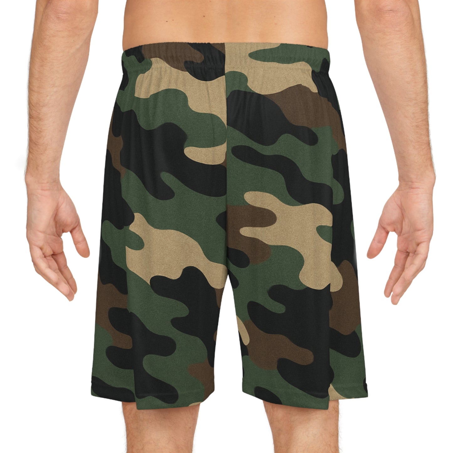 Green woodland camo print basketball shorts by Printify featuring all-over camouflage design and athletic fit.