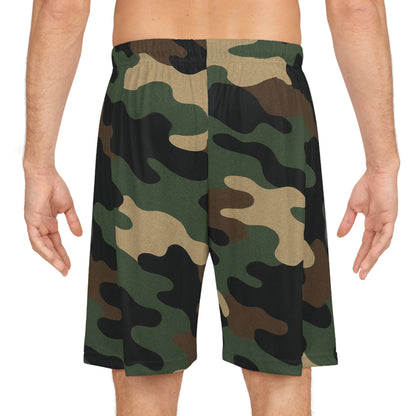 Green woodland camo print basketball shorts by Printify featuring all-over camouflage design and athletic fit.