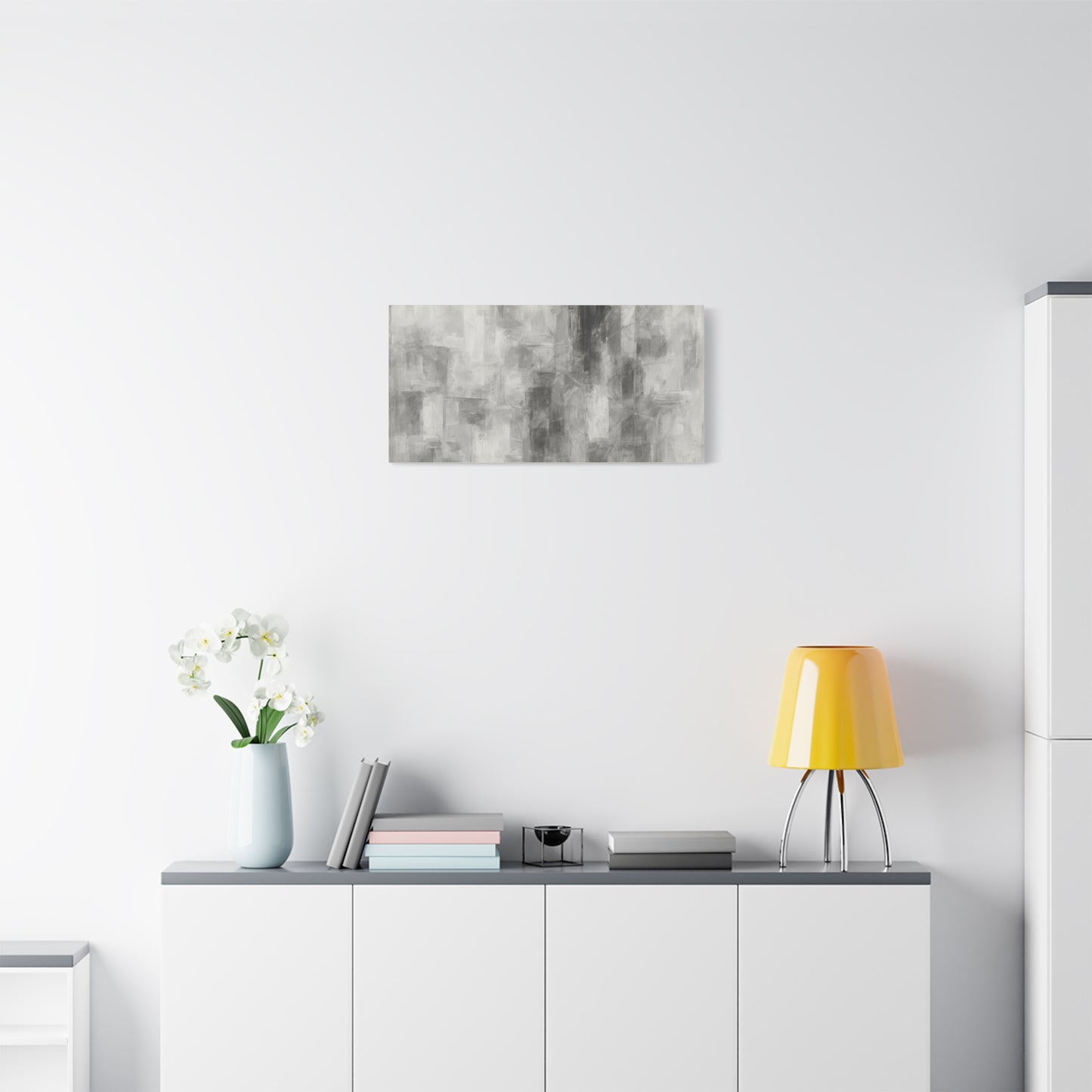 Abstract grey brushstroke canvas wall art featuring neutral modern design on matte stretched canvas by Printify.