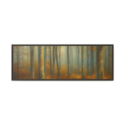 Framed autumn forest canvas print featuring misty woodland scene, wall art by Printify, suitable for home or office decor.
