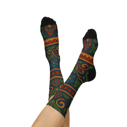 Victorian floral tile sublimation crew socks with all-over floral pattern by Printify, featuring vibrant Victorian-inspired design.