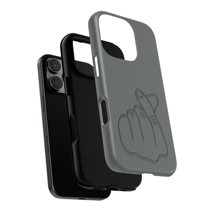 Silicone phone case with embossed Korean finger heart design, compatible with smartphones, by Printify.