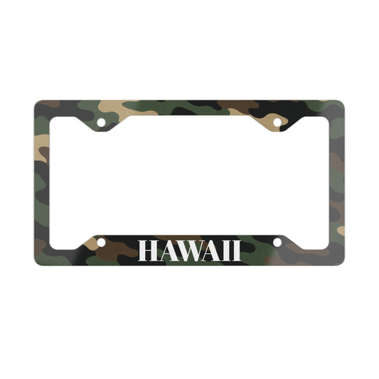 Camo Hawaii metal license plate frame with military style design, car accessory from Printify featuring camouflage pattern.