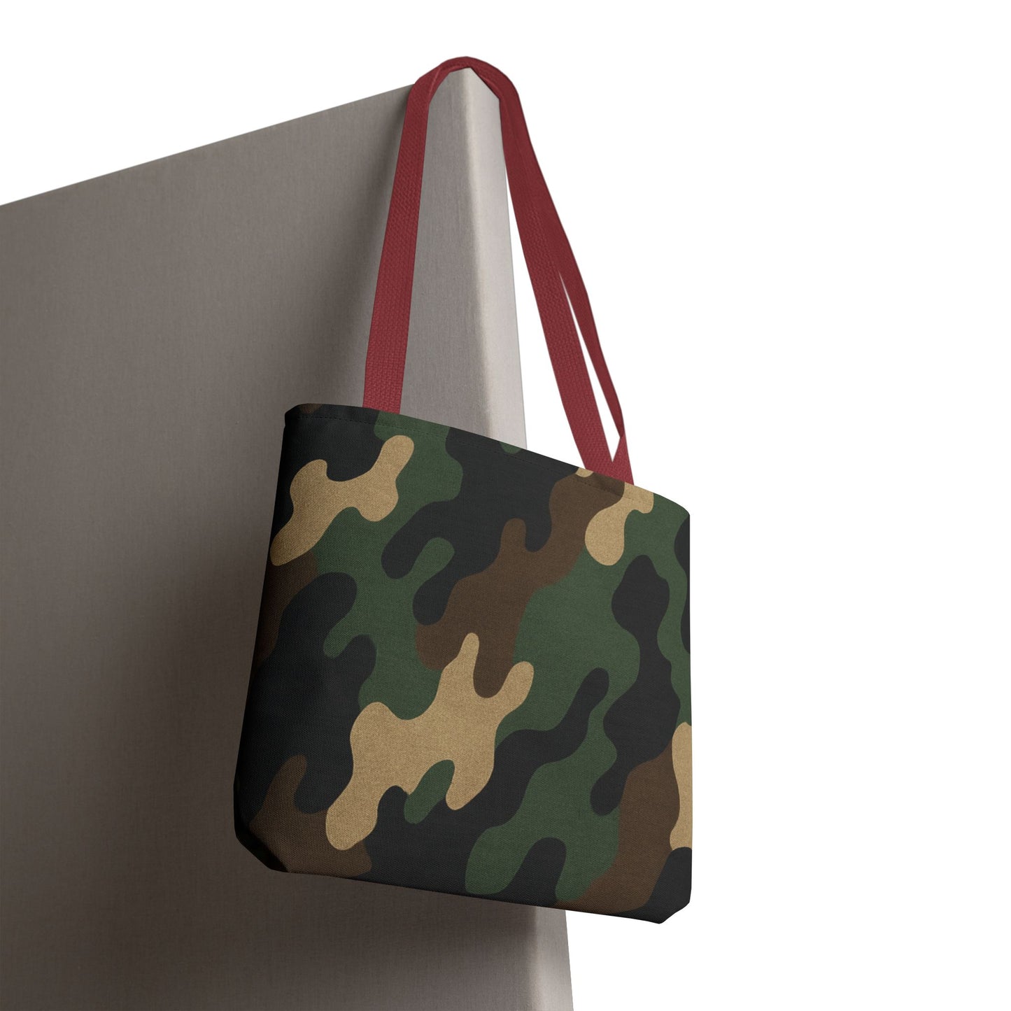 Camo pattern tote bag made of canvas with all-over print, casual carryall bag by Printify for everyday use