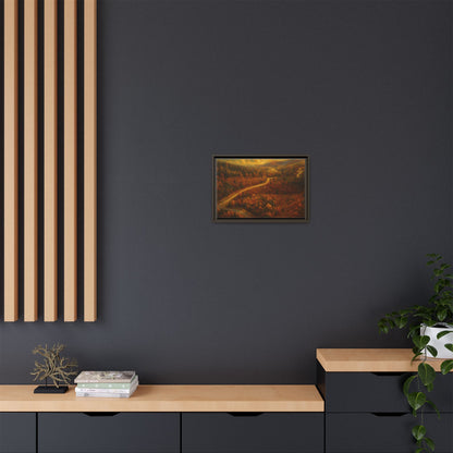 Framed matte canvas print of autumn forest and road landscape wall art by Printify, showcasing vibrant fall colors and scenic nature scene.