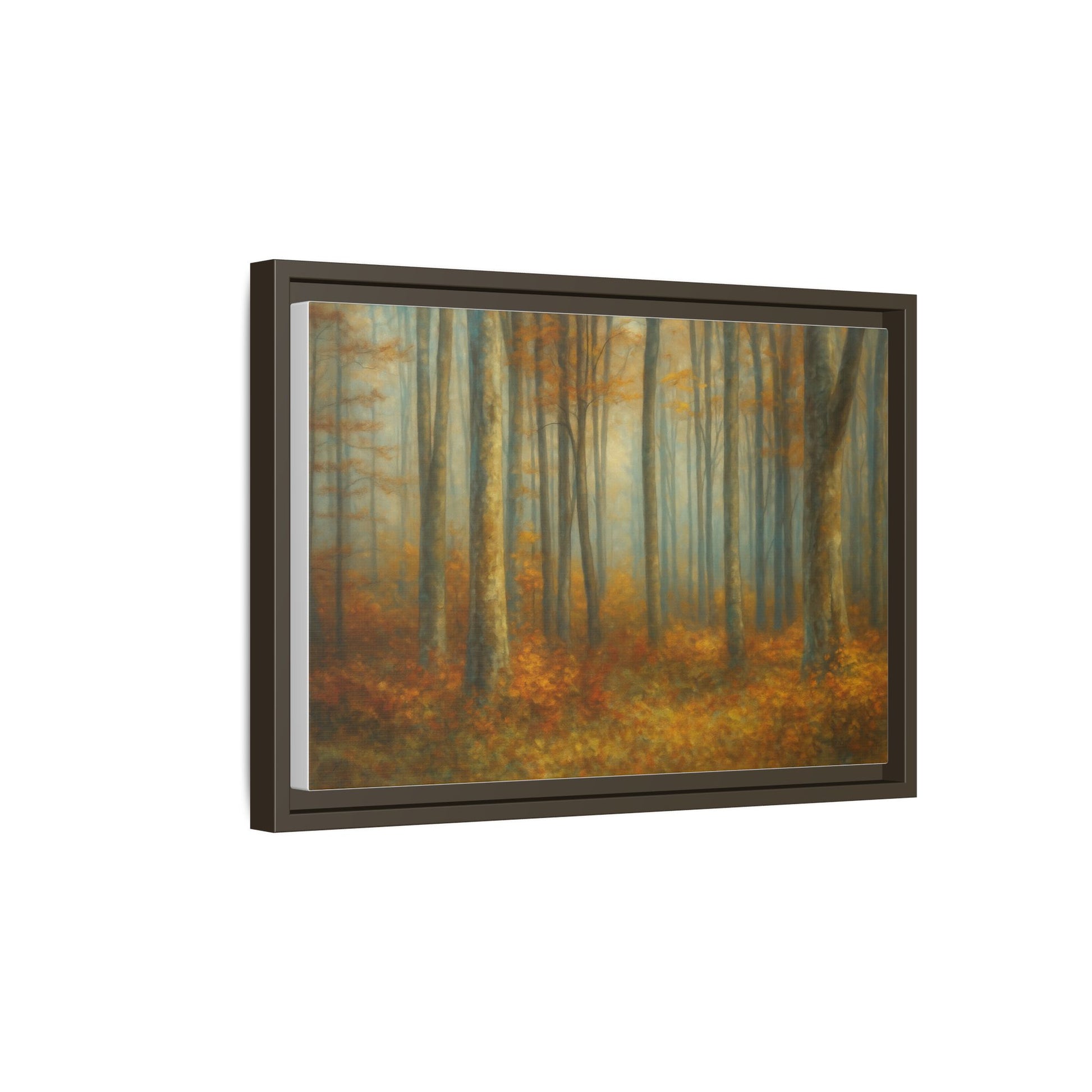 Framed autumn forest canvas print with misty woodland scene, wall art by Printify showcasing nature's fall landscape.