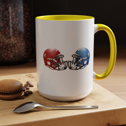 Football Helmet Coffee Mug — Red vs Blue Rivalry Accent Mug (11/15oz)