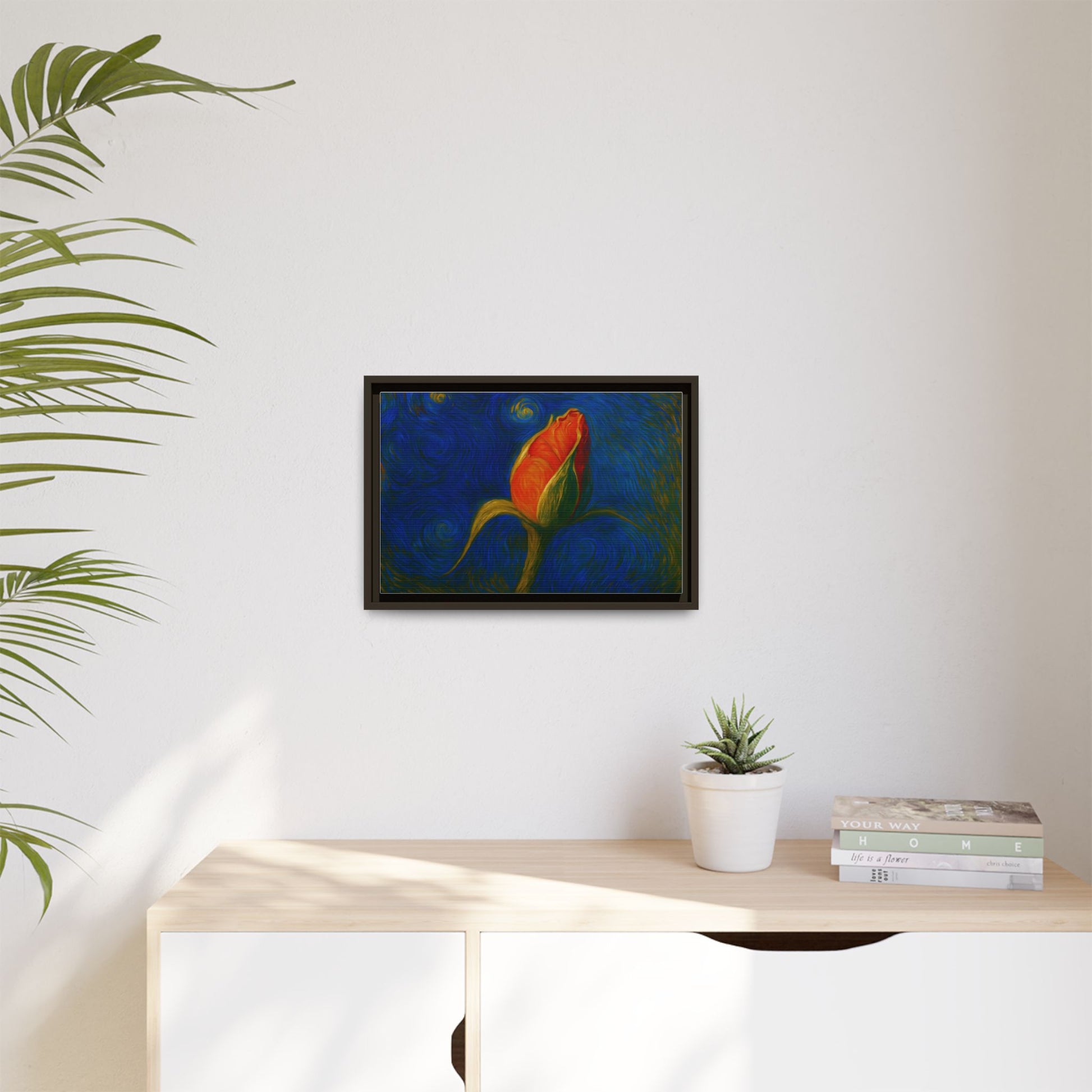 Red rose bud painting on framed canvas wall art by Printify, featuring detailed floral artwork in matte finish.