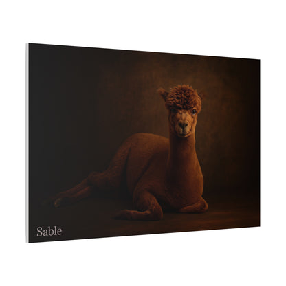 Alpaca portrait on matte canvas print by Printify, featuring detailed alpaca image on high-quality canvas artwork.