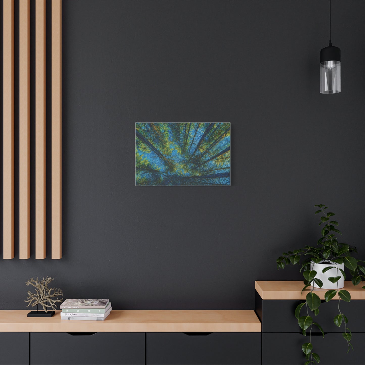 Forest Canopy Matte Canvas Wall Art — Upward View of Trees, Blue & Green Nature Print