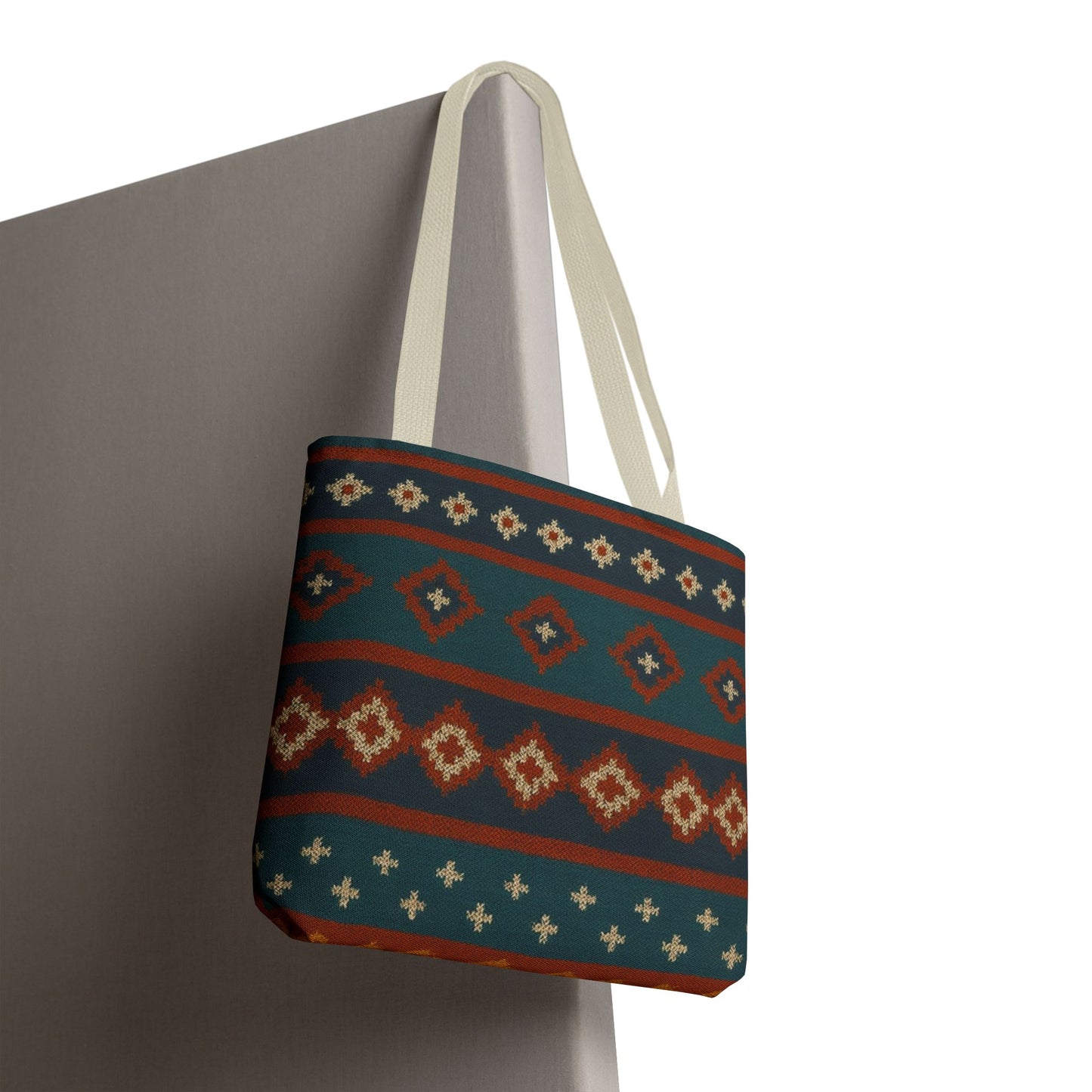 Southwestern diamond pattern tote bag with Aztec tribal geometric print, featuring sturdy handles and vibrant design.