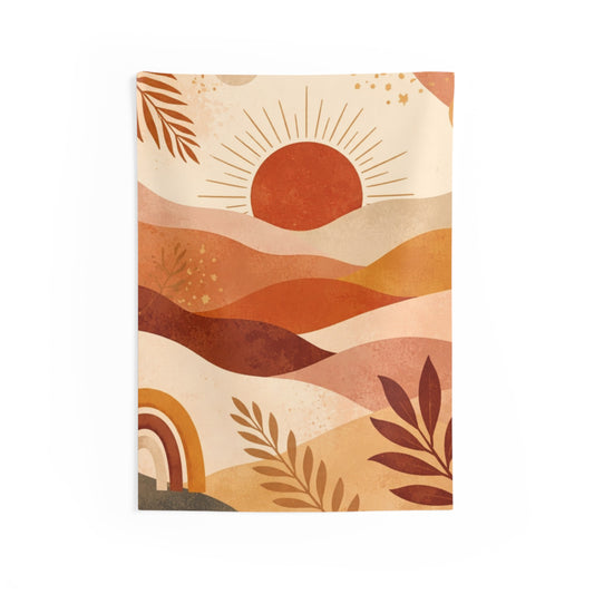 Colorful indoor wall tapestry with abstract design, printed by Printify, suitable for home or office wall decoration.