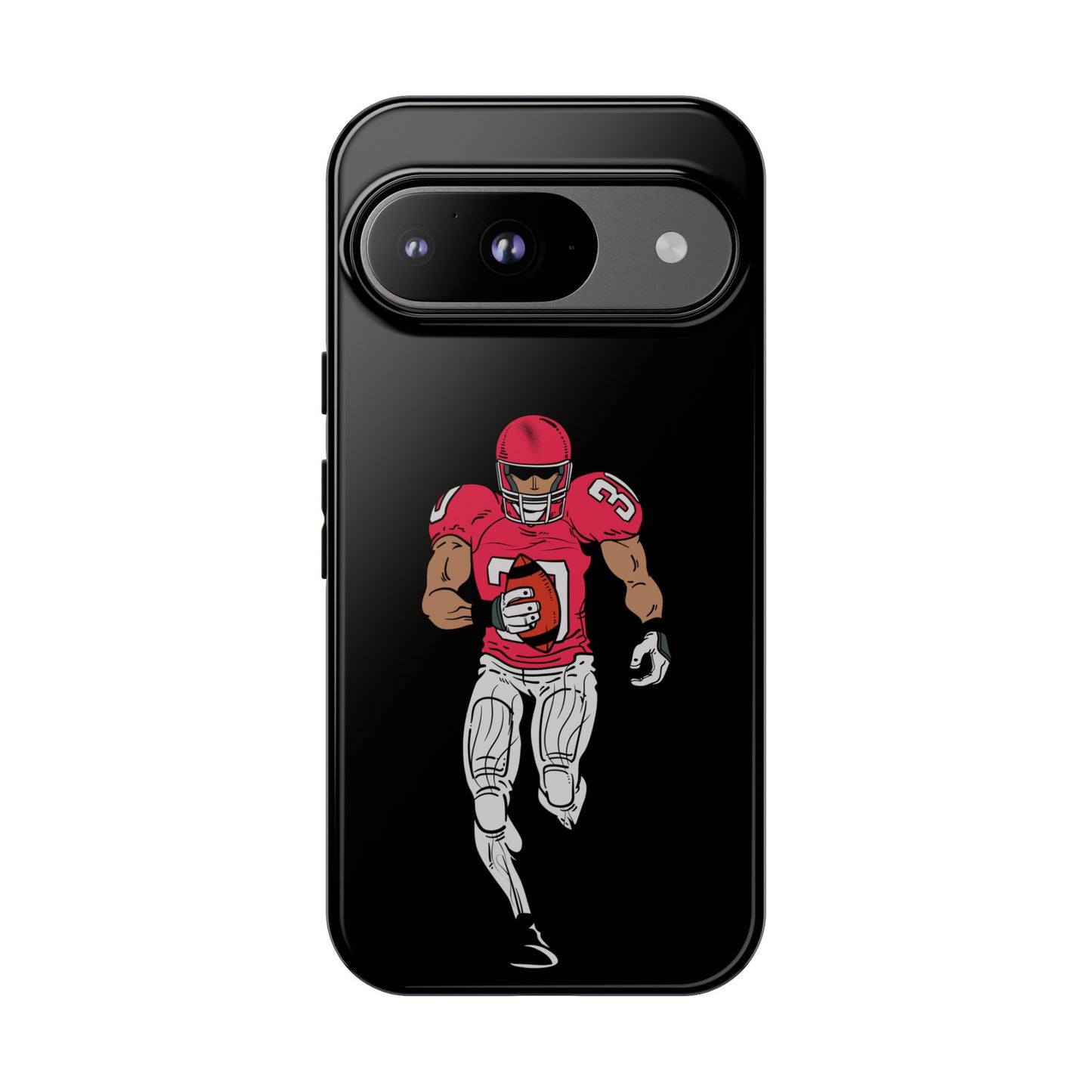 Black football player tough phone case for iPhone, featuring a protective sports design by Printify.
