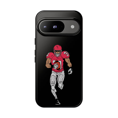Black football player tough phone case for iPhone, featuring a protective sports design by Printify.
