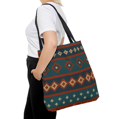 Southwestern diamond pattern tote bag with Aztec tribal geometric print, featuring sturdy handles and vibrant design.