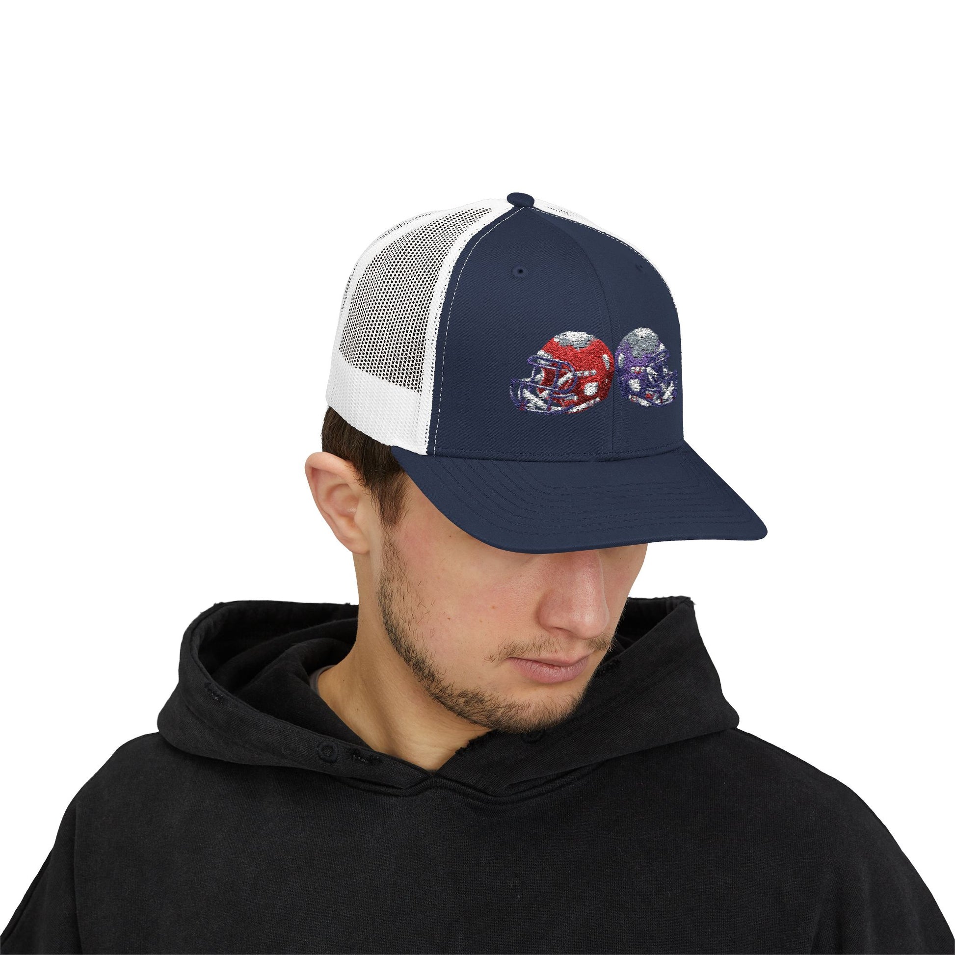 Sporty Snapback Trucker Cap with Football Helmets, Baseball Cap, Outdoor Activity Hat, Gift for Sports Fans, Team Spirit Wear - TRV