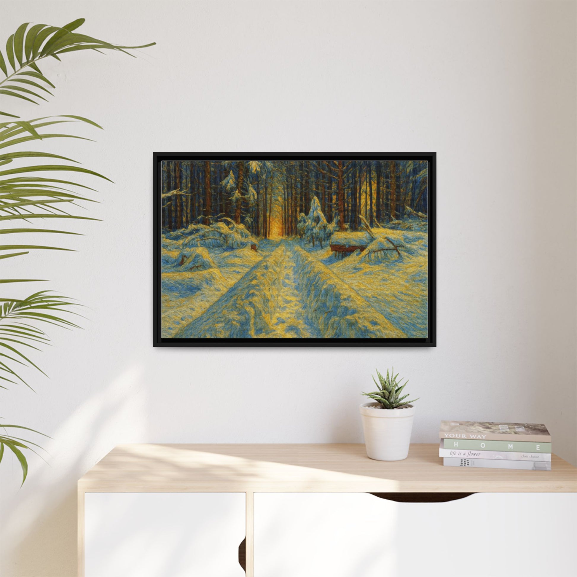 Framed matte canvas print of a snowy forest path at sunset, wall art by Printify showcasing winter landscape imagery.