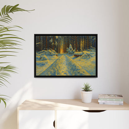 Framed matte canvas print of a snowy forest path at sunset, wall art by Printify showcasing winter landscape imagery.