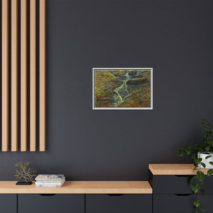 Framed matte canvas wall art featuring a scenic autumn forest with a waterfall, showcasing nature-inspired landscape decor.