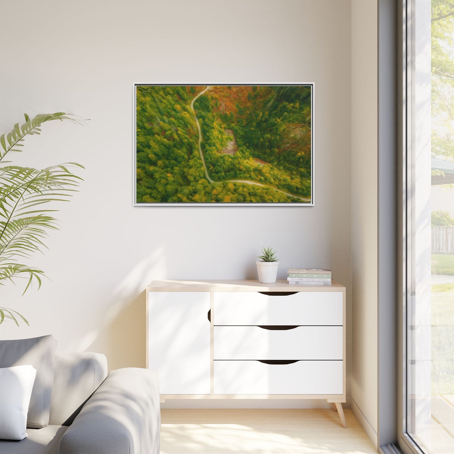 Colorful framed matte canvas wall art featuring an aerial forest path landscape by Printify.