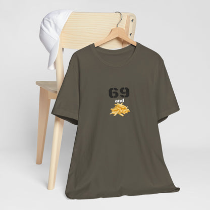 Unisex graphic T-shirt featuring a humorous 69 and French fries design in black with colorful print.
