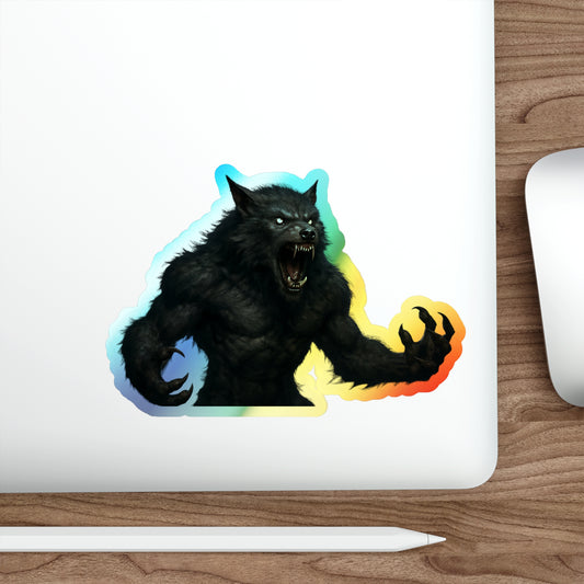 Holographic werewolf die-cut sticker with rainbow moonlight design, featuring a moonlit monster on shiny paper material.