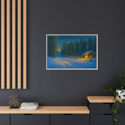 Cozy winter cabin matte framed canvas wall art featuring a snowy forest scene during an evening sunset, by Printify
