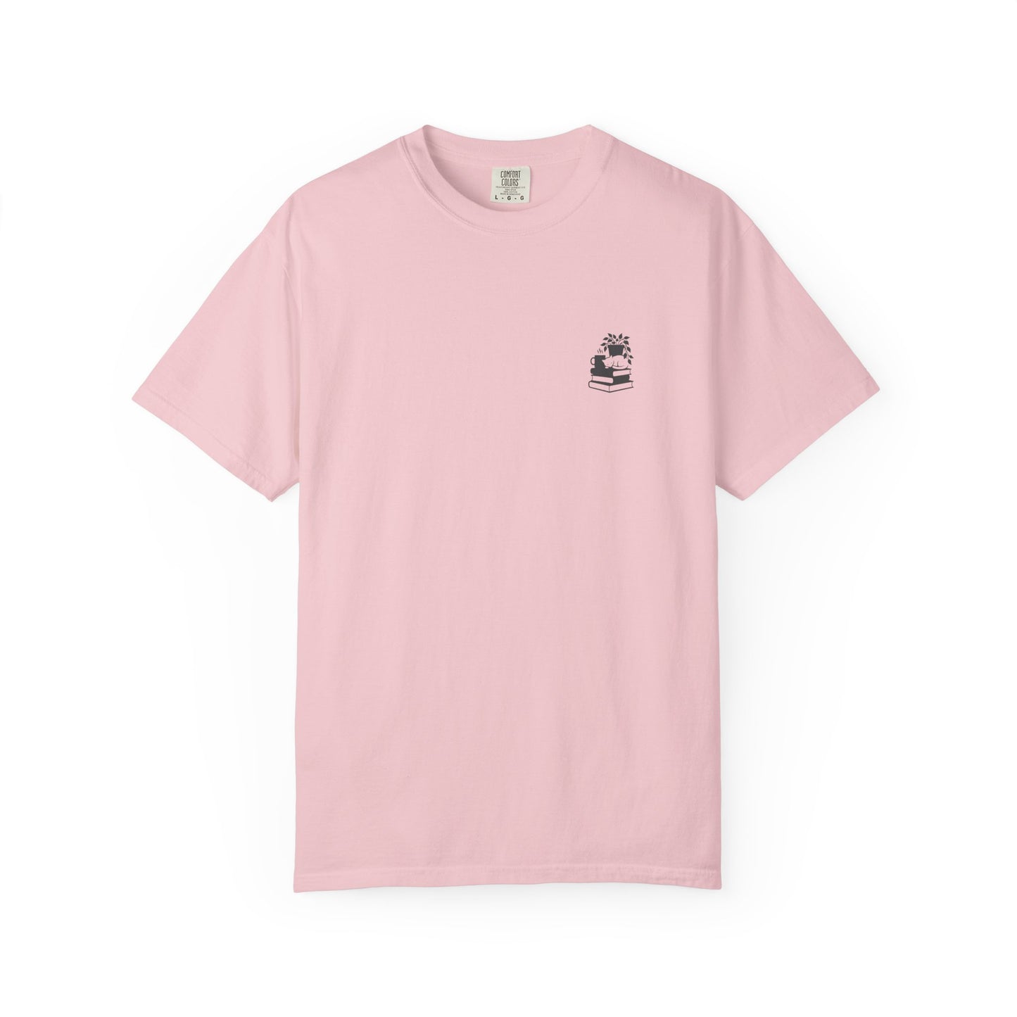 Cozy Cat on Books T-Shirt | Reading Tea Stack Illustration