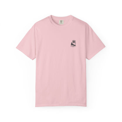 Cozy Cat on Books T-Shirt | Reading Tea Stack Illustration