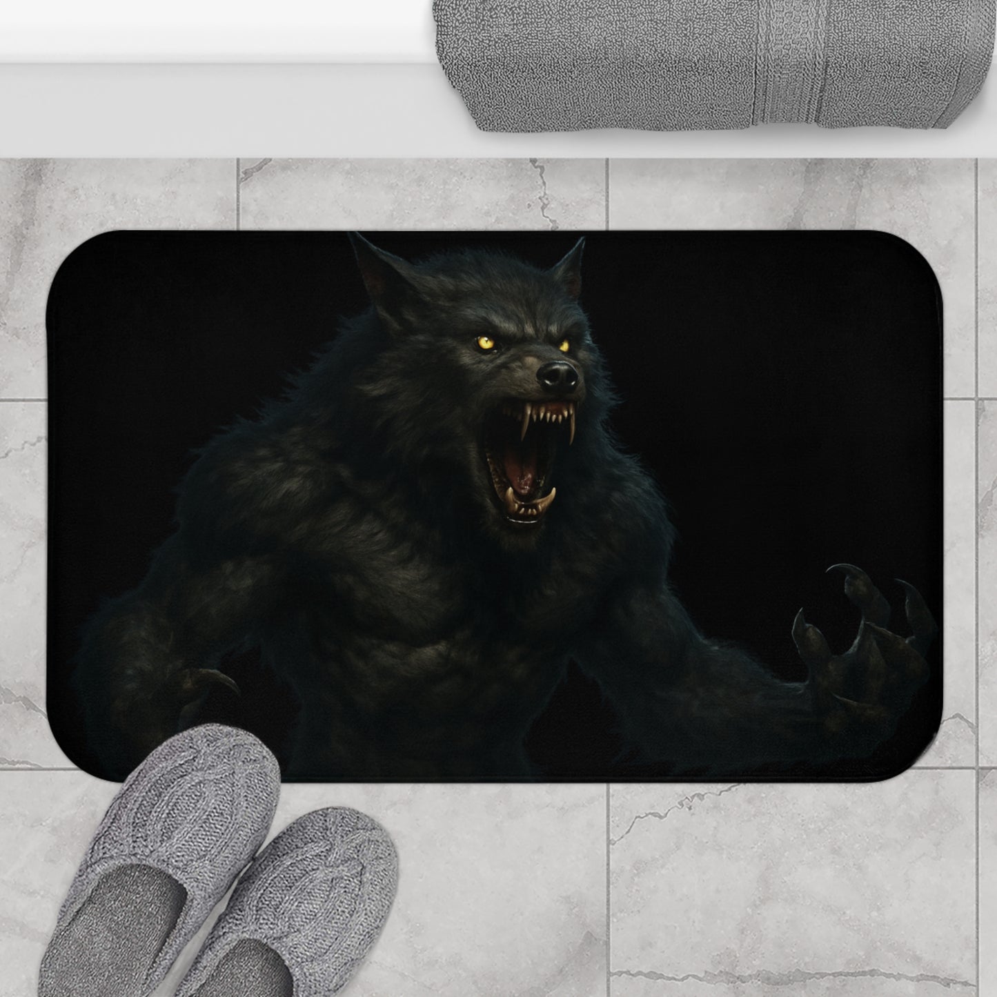 Dark Gothic Werewolf bathroom rug with monster design, plush bath mat for a spooky, stylish bathroom decor.