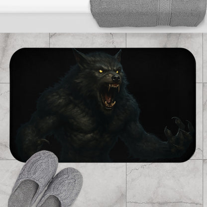 Dark Gothic Werewolf bathroom rug with monster design, plush bath mat for a spooky, stylish bathroom decor.