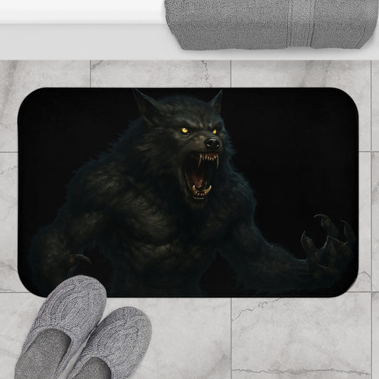 Dark gothic werewolf-themed bathroom rug with monster design, plush bath mat for home decor by Printify