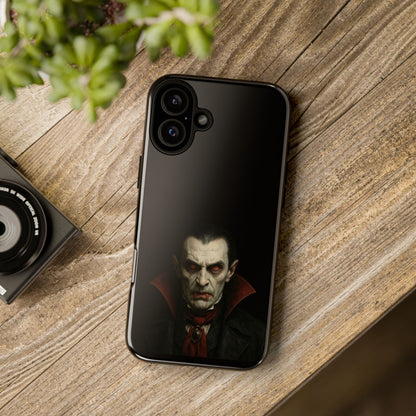Gothic vampire portrait phone case for iPhone, featuring a Dracula horror design by Printify on a protective cover.