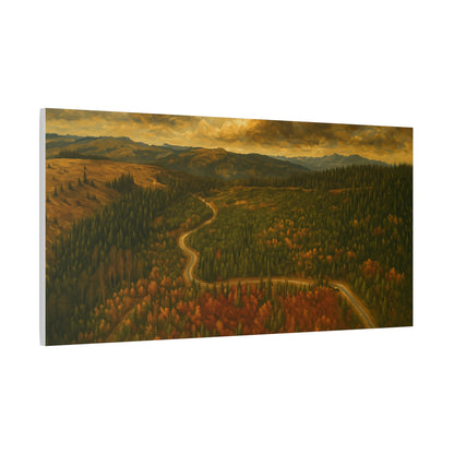 Autumn Ridge Road matte stretched canvas featuring a moody forest landscape wall art by Printify