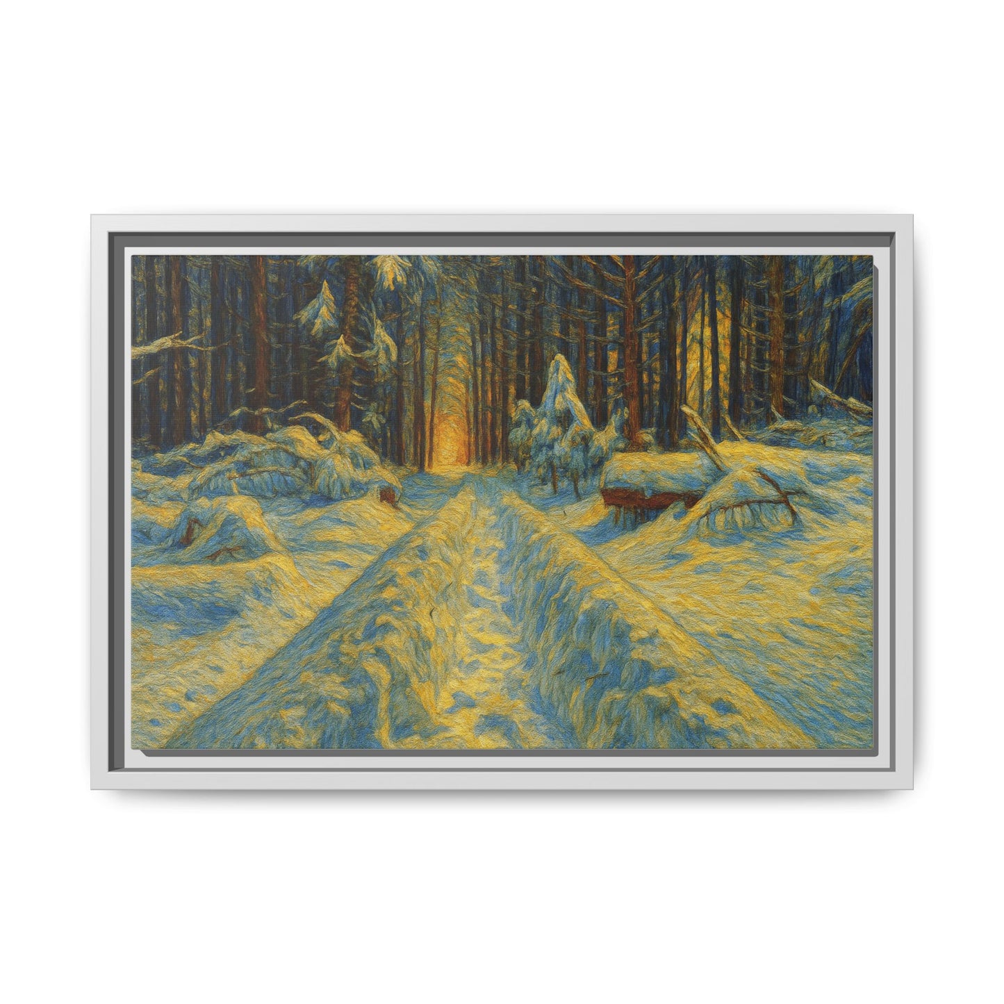 Framed matte canvas print of a snowy forest path at sunset, wall art by Printify showcasing winter landscape scene.