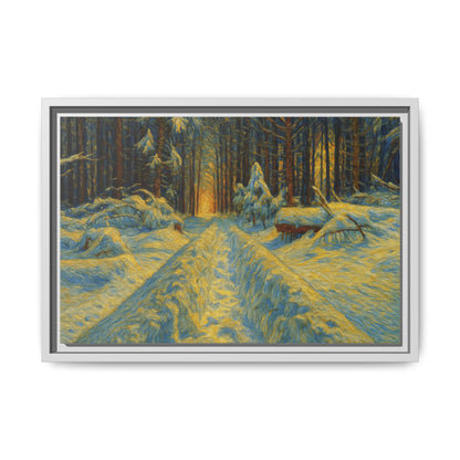 Framed matte canvas print of a snowy forest path at sunset, wall art by Printify showcasing winter landscape scene.