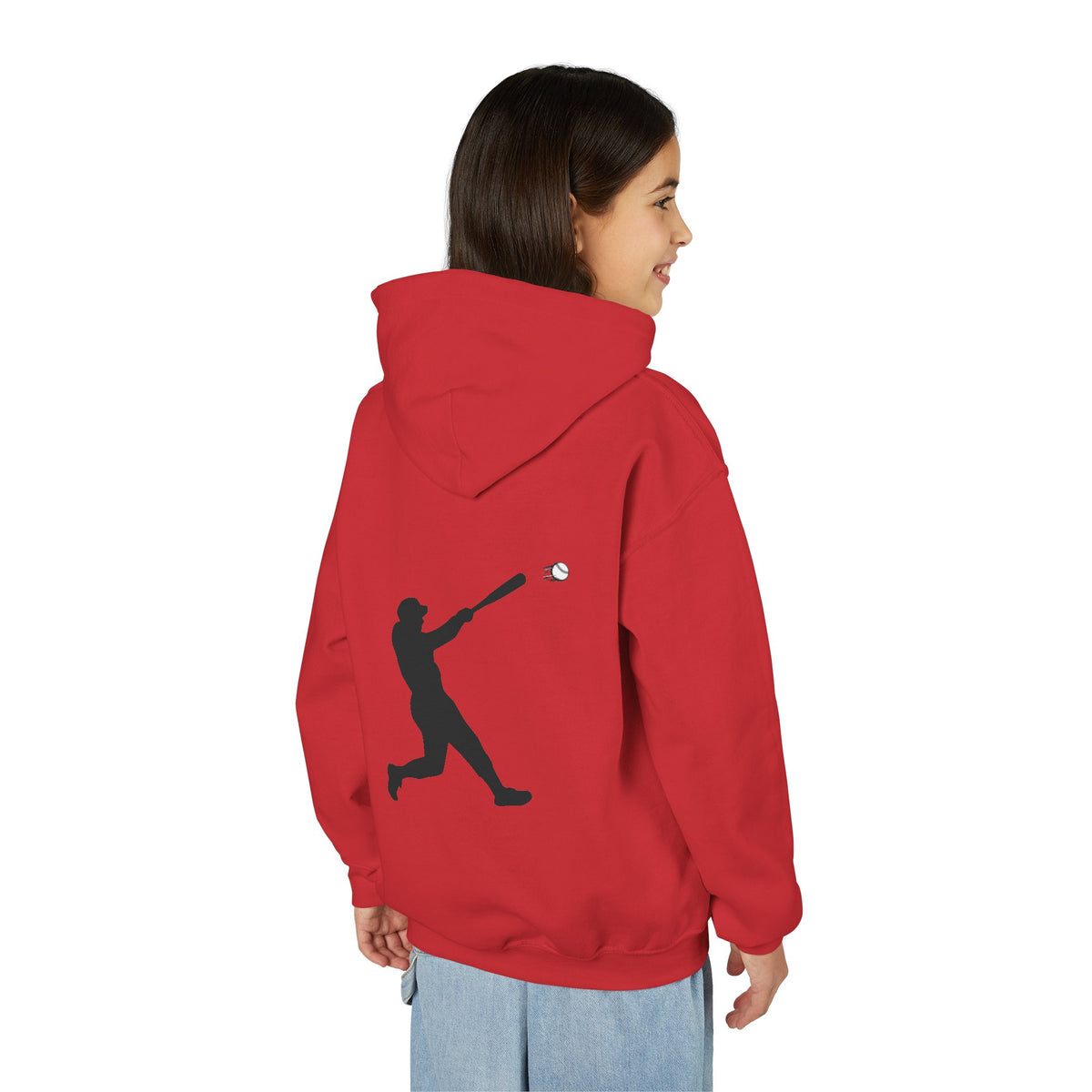 Youth baseball silhouette hoodie for kids featuring a baseball player design, comfortable pullover made by Printify.