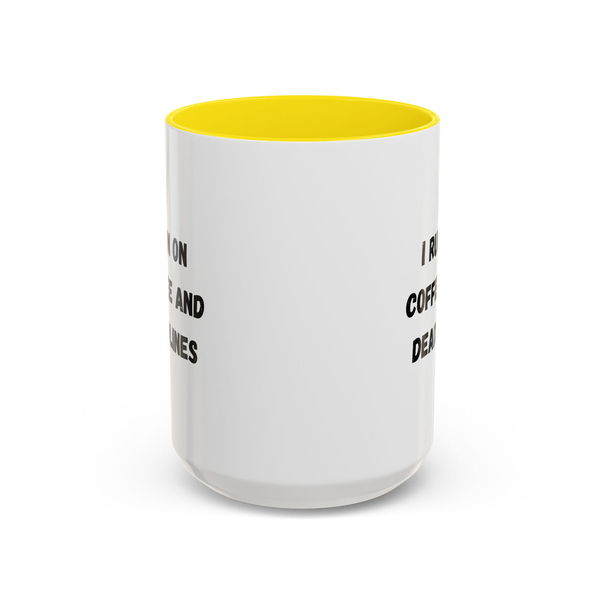 White ceramic coffee mug with "I Run on Coffee and Deadlines" printed in black text, ideal for office or home use.