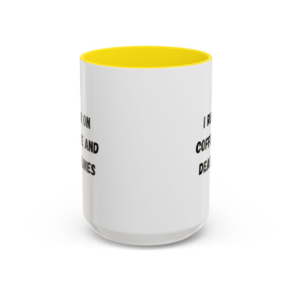 White ceramic coffee mug with "I Run on Coffee and Deadlines" printed in black text, ideal for office or home use.