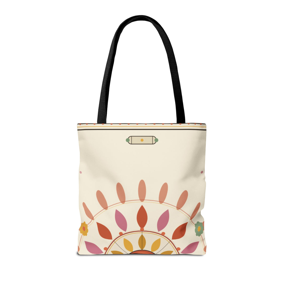 Boho floral mandala tote bag with pastel sunburst pattern, stylish printify bag perfect for casual use and everyday carry.