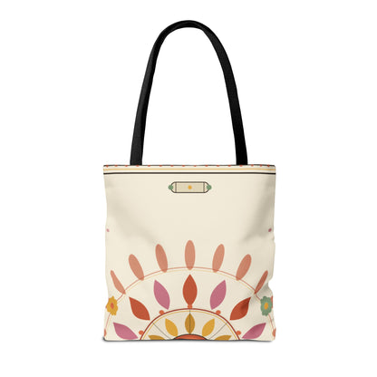 Boho floral mandala tote bag with pastel sunburst pattern, stylish printify bag perfect for casual use and everyday carry.