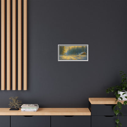 Framed winter cabin canvas print featuring a snowy forest sunset, wall art by Printify with a cozy mountain scene.