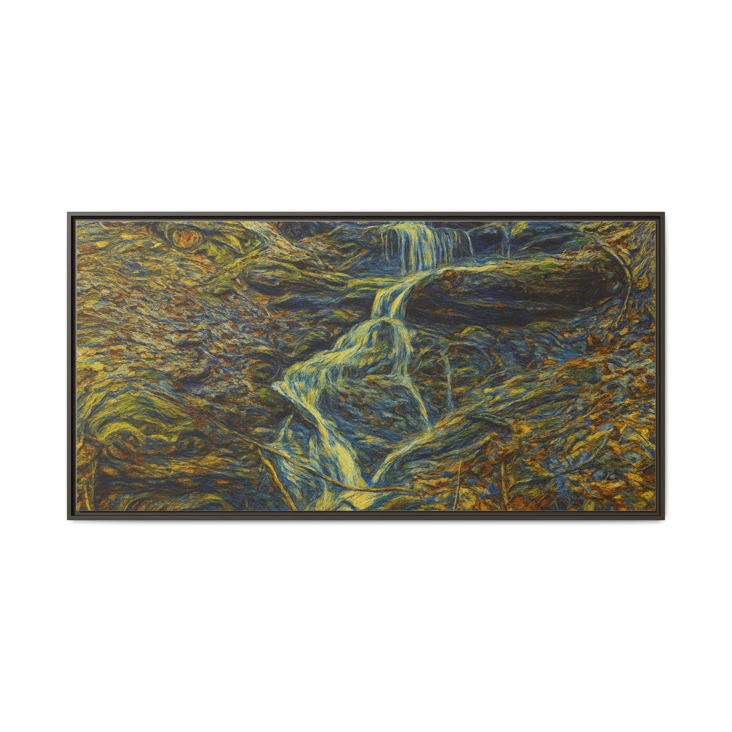 Framed matte canvas wall art featuring a scenic autumn forest with a waterfall, created by Printify.