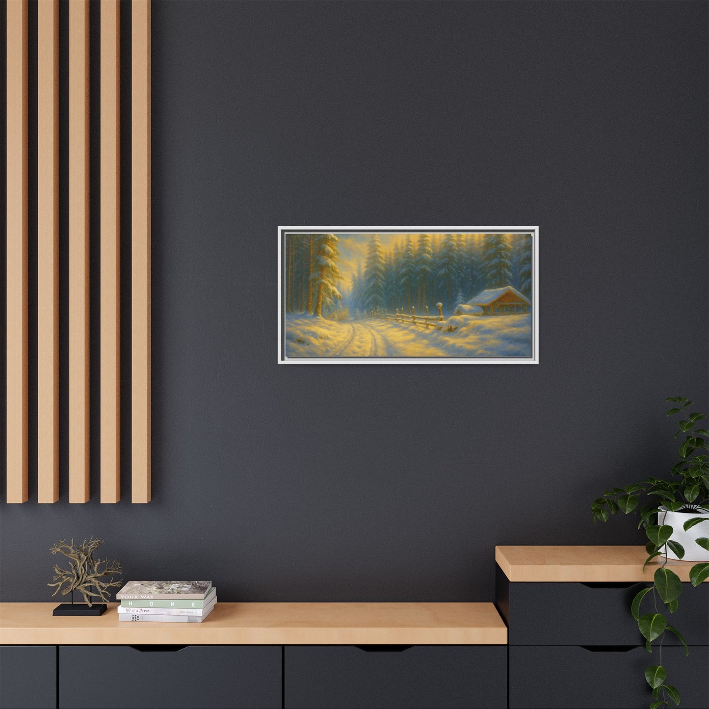 Framed winter cabin canvas print featuring a snowy forest sunset, designed for wall art decor by Printify.
