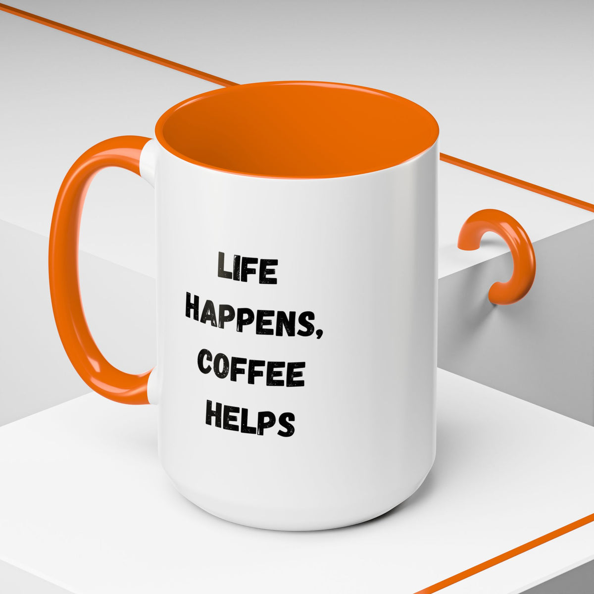 Black ceramic mug with "Life Happens Coffee Helps" slogan, 11oz to 15oz capacity, black handle and rim, by Printify.