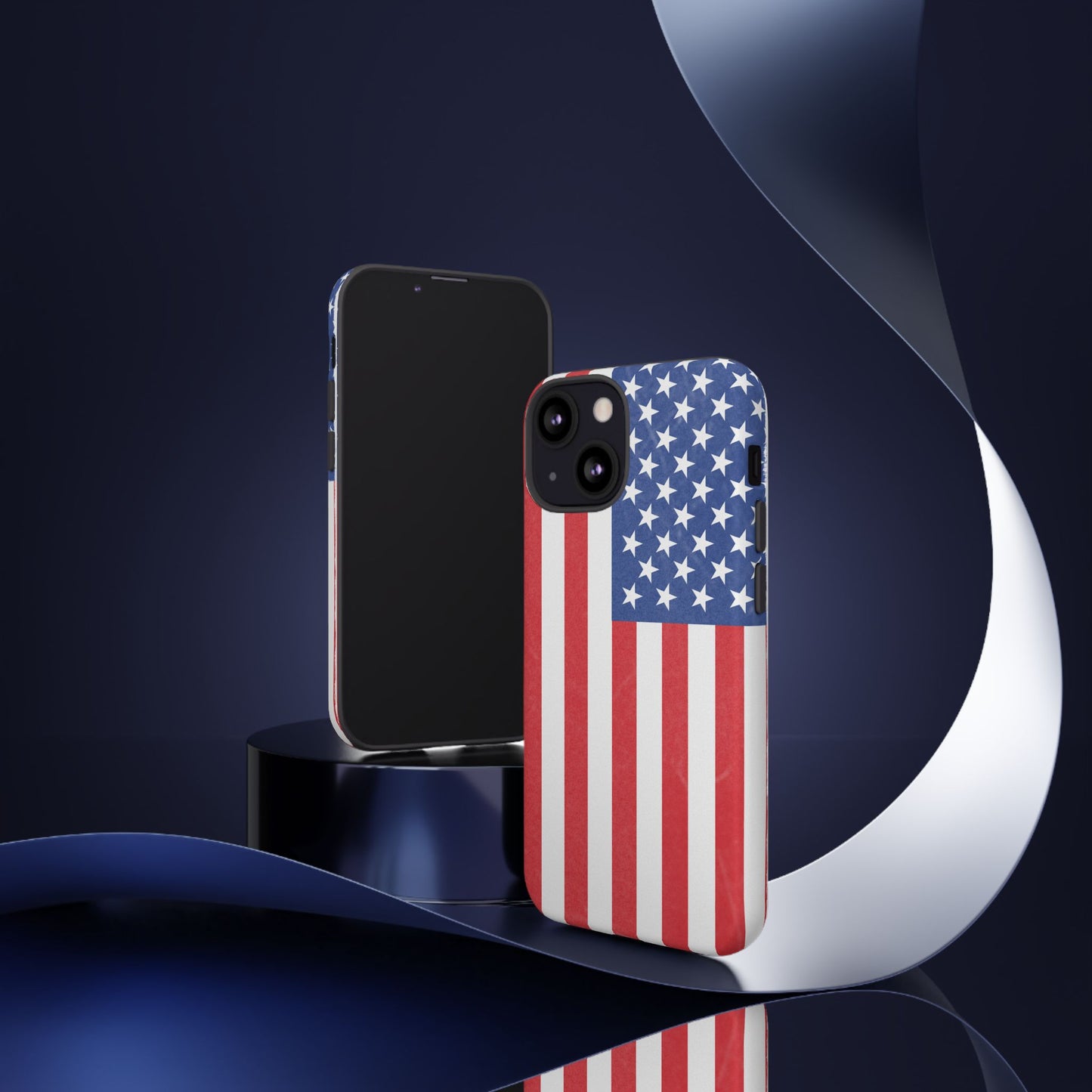 Durable American flag phone case for iPhone by Printify, featuring a patriotic design and rugged protective material.